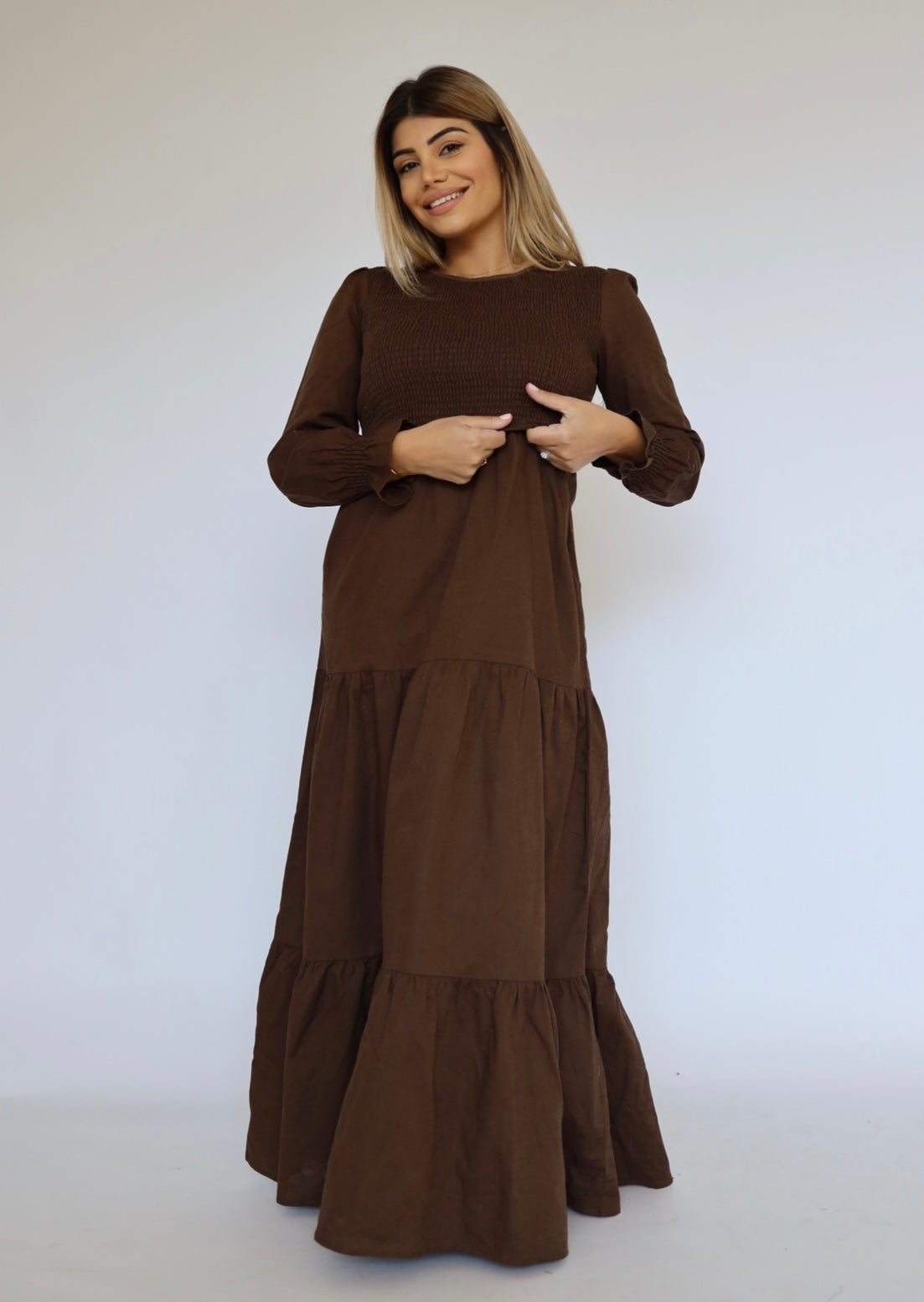 “Autumn” Linen Shirred Maxi Dress