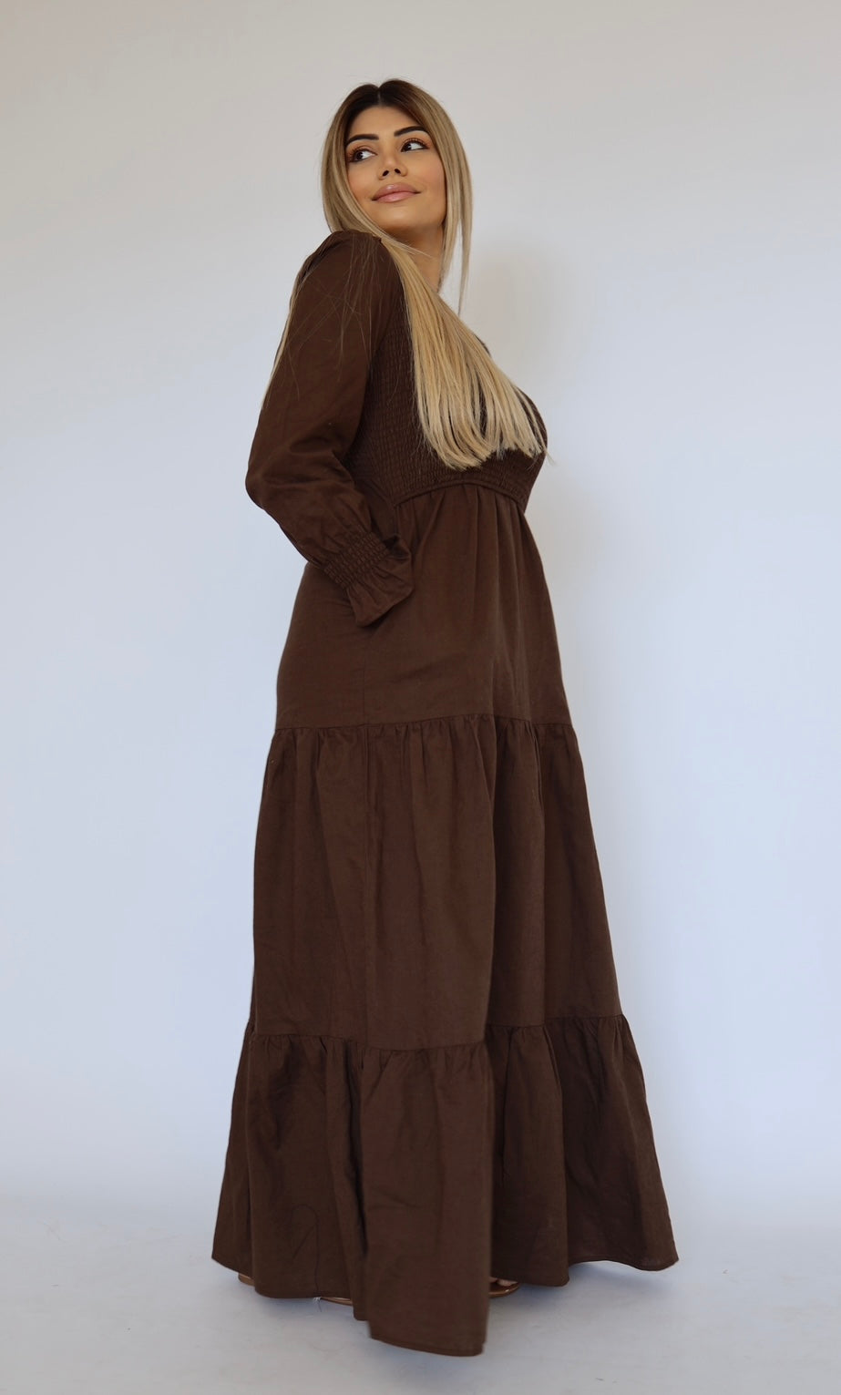 “Autumn” Linen Shirred Maxi Dress