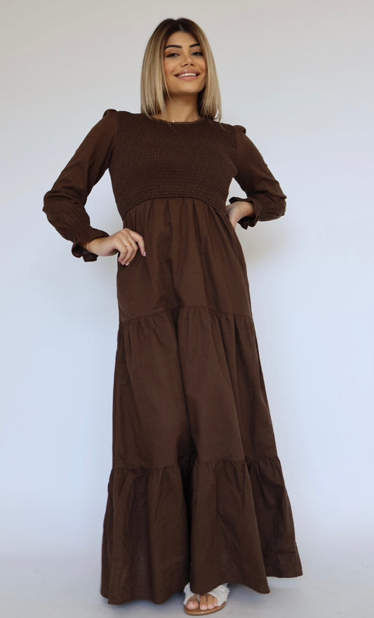 “Autumn” Linen Shirred Maxi Dress